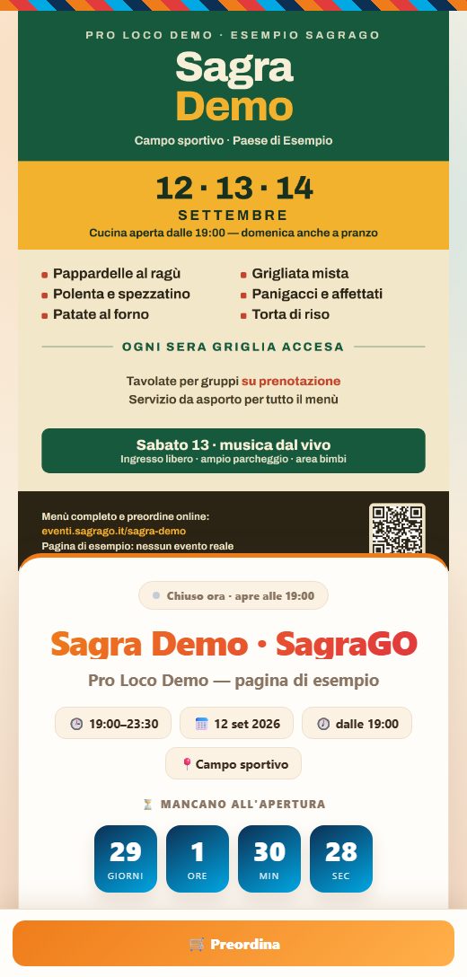 La pagina pubblica dell'evento sul telefono di un cliente, con menu e preordine