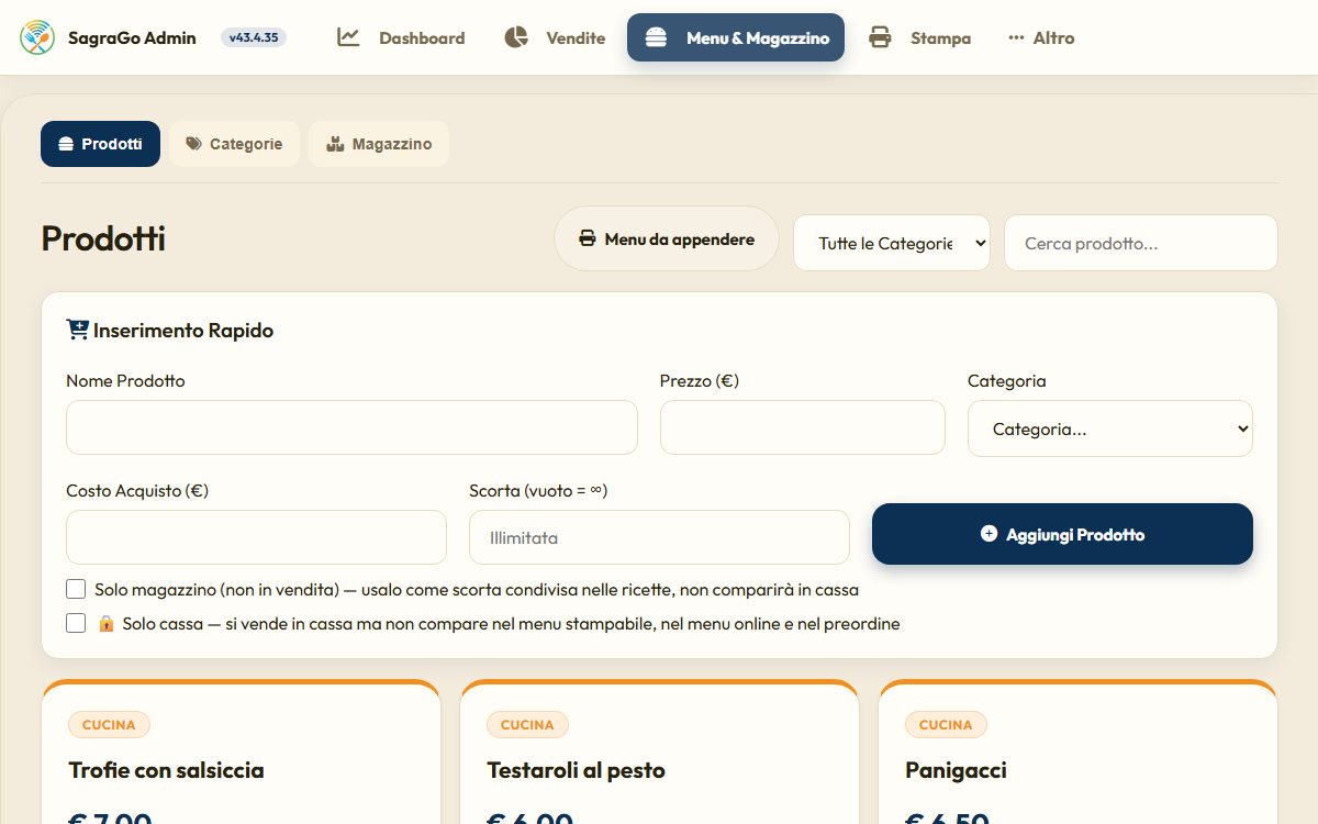 Gestione prodotti: prezzi, scorte e allergeni.