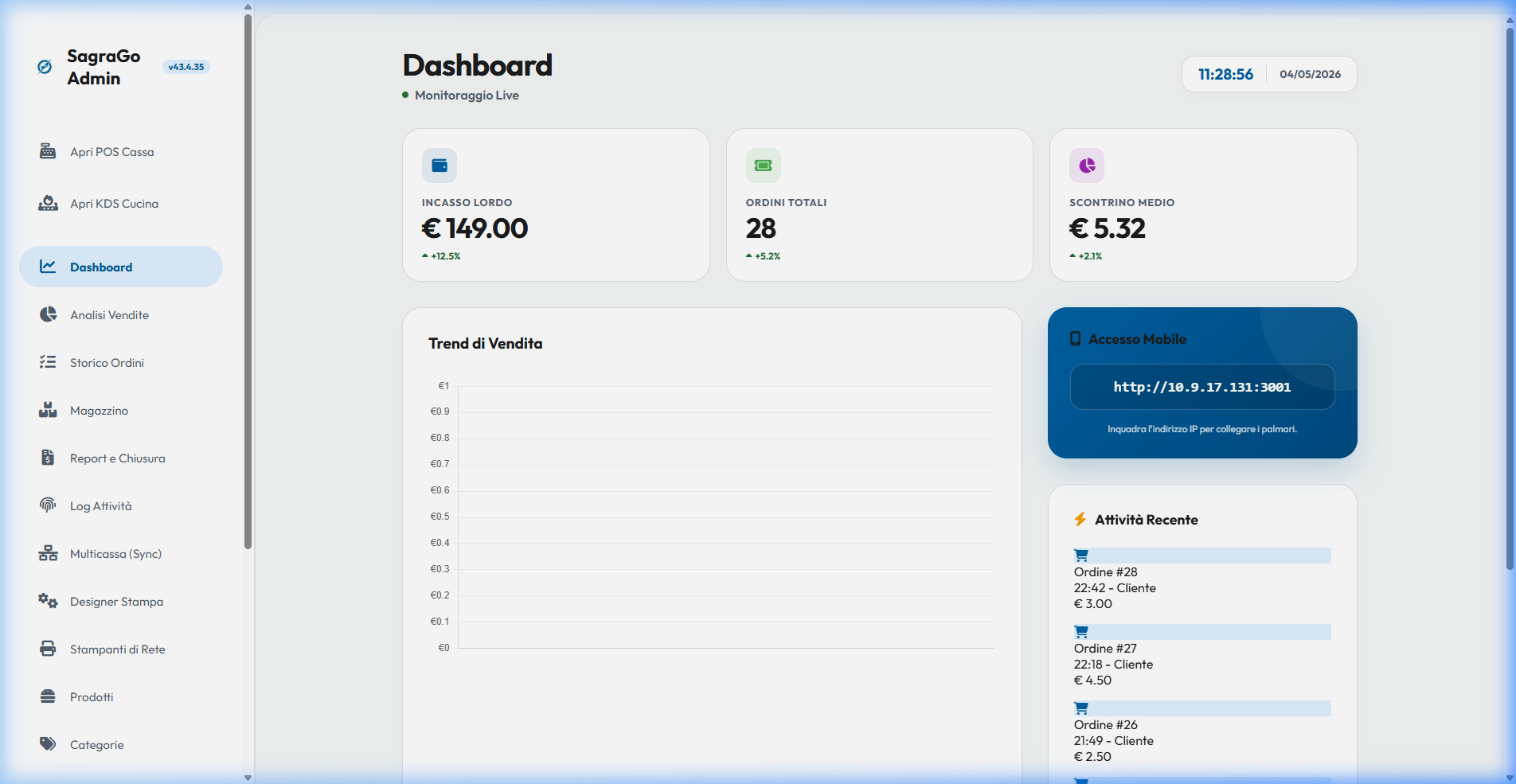 Dashboard SagraGo: cassa, ordini e statistiche